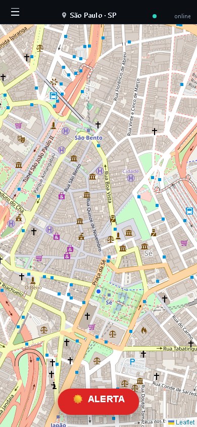 Tela do aplicativo Iluminando: a cidade no topo, o mapa da região ao redor e o botão Alerta
