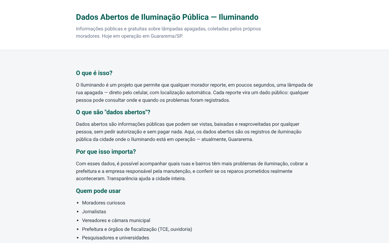 Página de dados abertos de iluminação pública do Iluminando